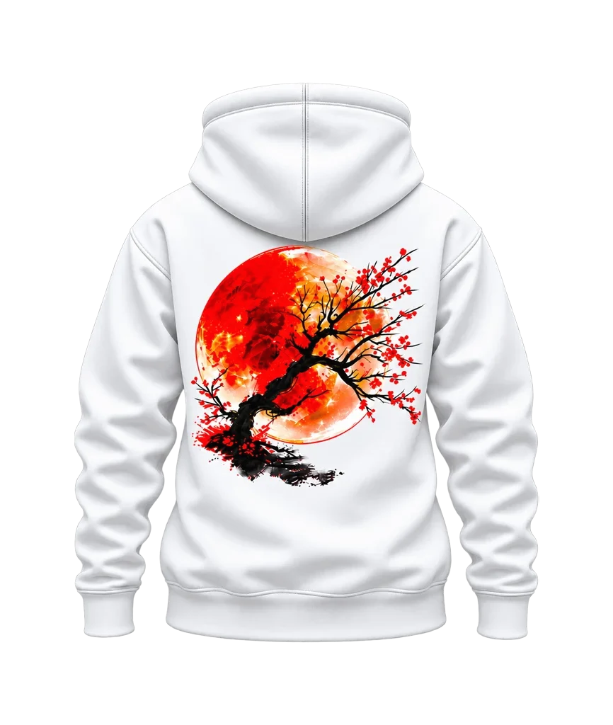 Anime Red Sun Cherry Blossom Bonsai Dual-Print White Hoodie