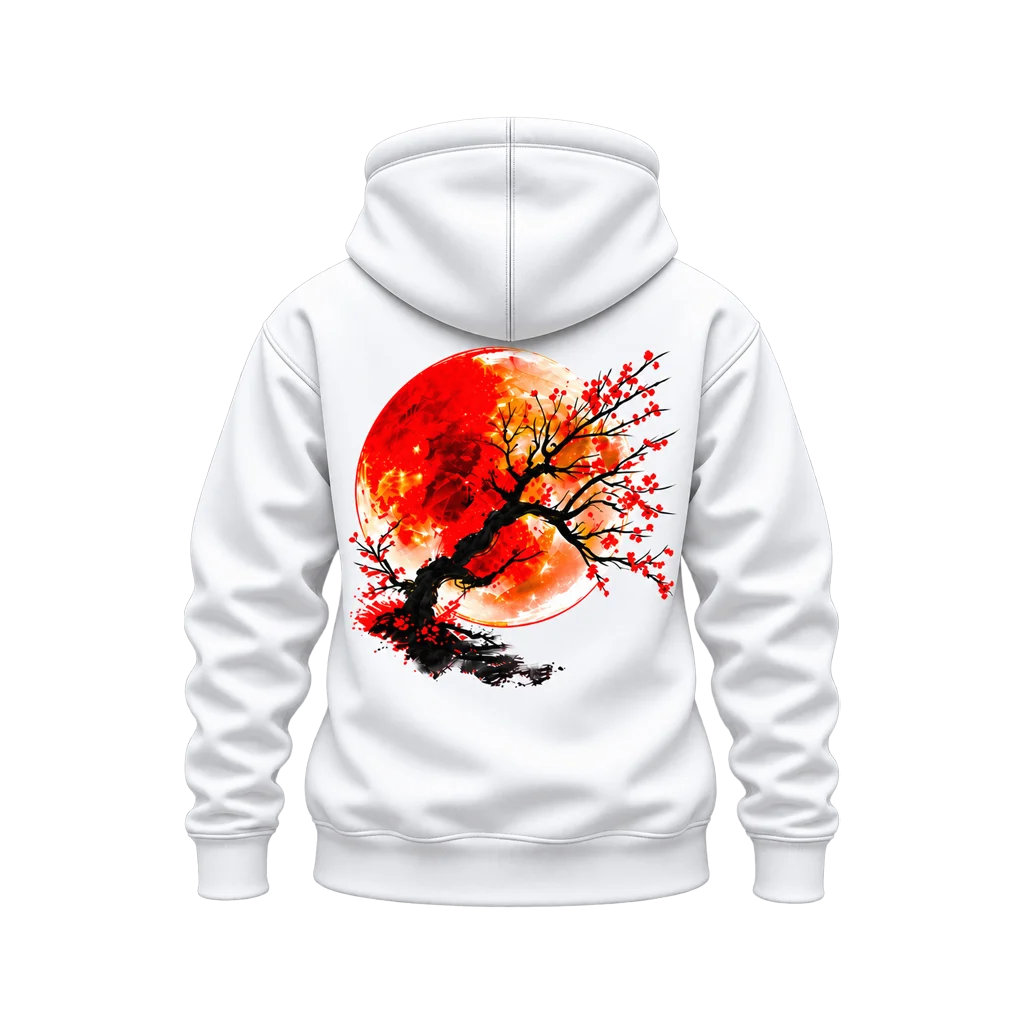 Anime Red Sun Cherry Blossom Bonsai Dual-Print White Hoodie