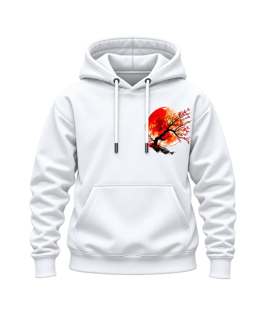 Anime Red Sun Cherry Blossom Bonsai Dual-Print White Hoodie