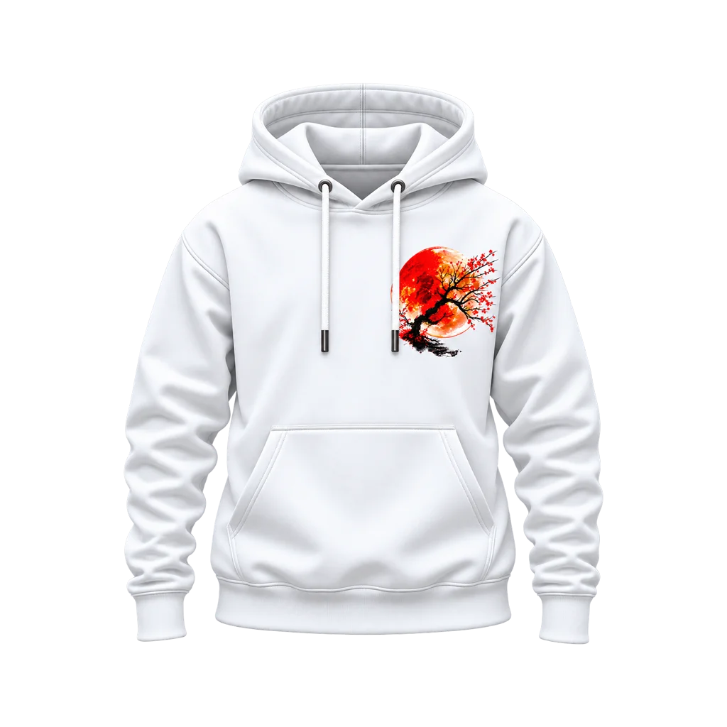 Anime Red Sun Cherry Blossom Bonsai Dual-Print White Hoodie