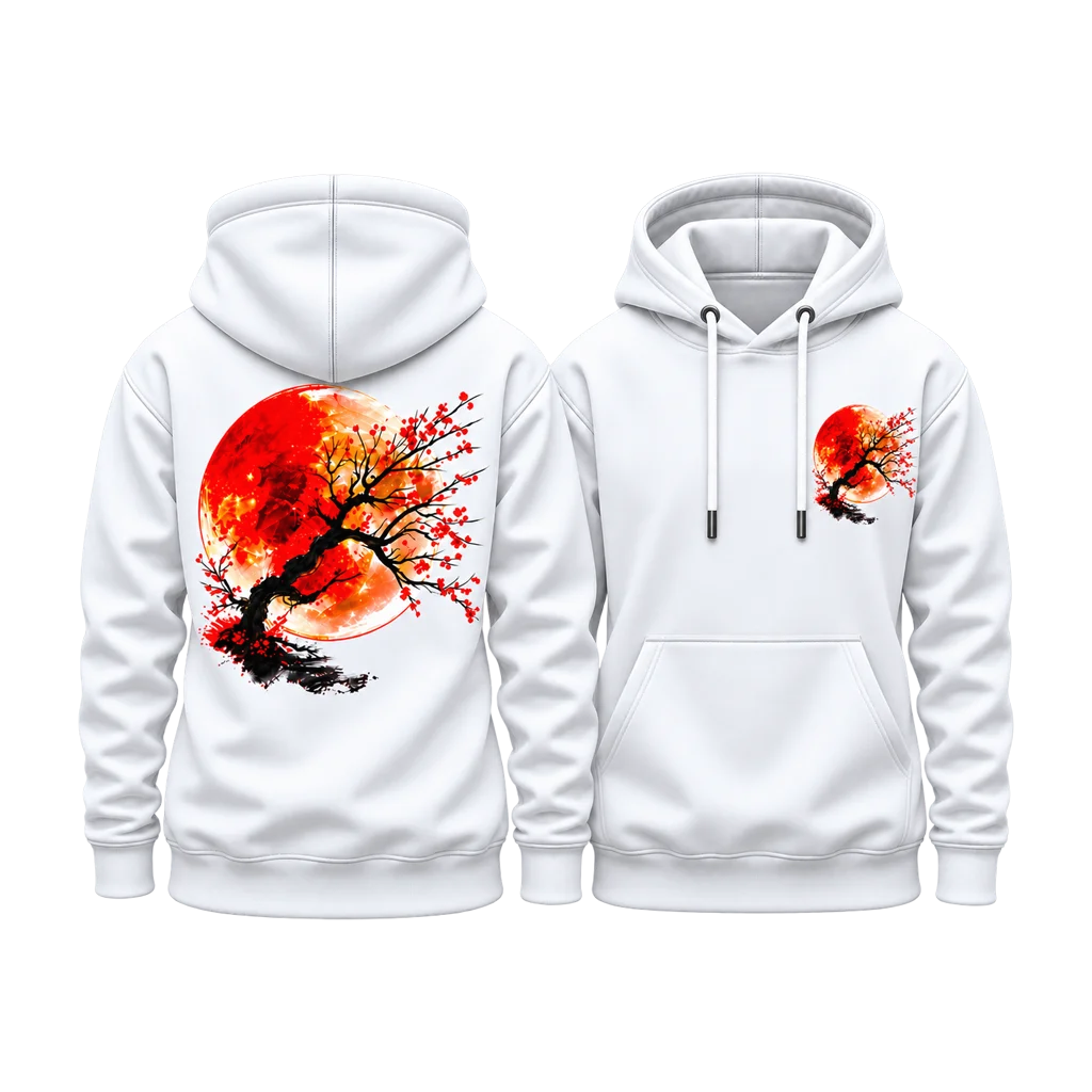 Anime Red Sun Cherry Blossom Bonsai Dual-Print White Hoodie