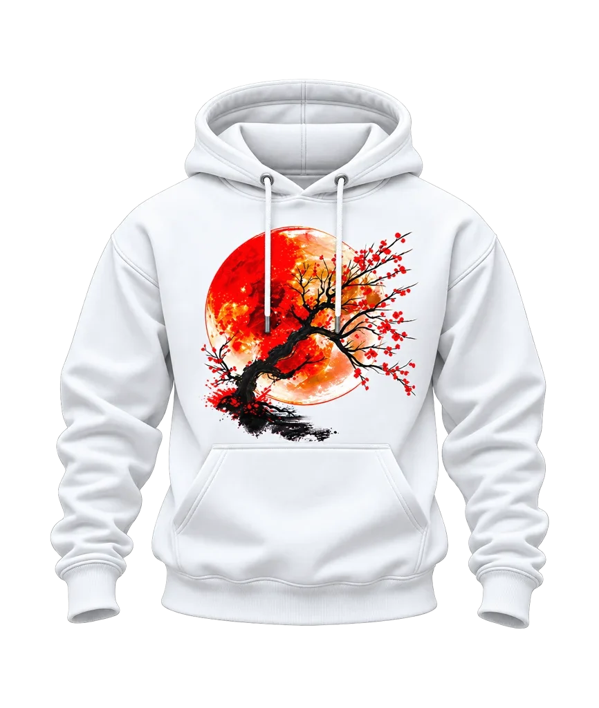 Anime Red Sun Cherry Blossom Bonsai White Hoodie