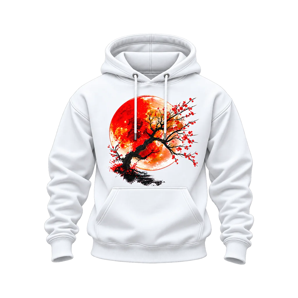 Anime Red Sun Cherry Blossom Bonsai White Hoodie