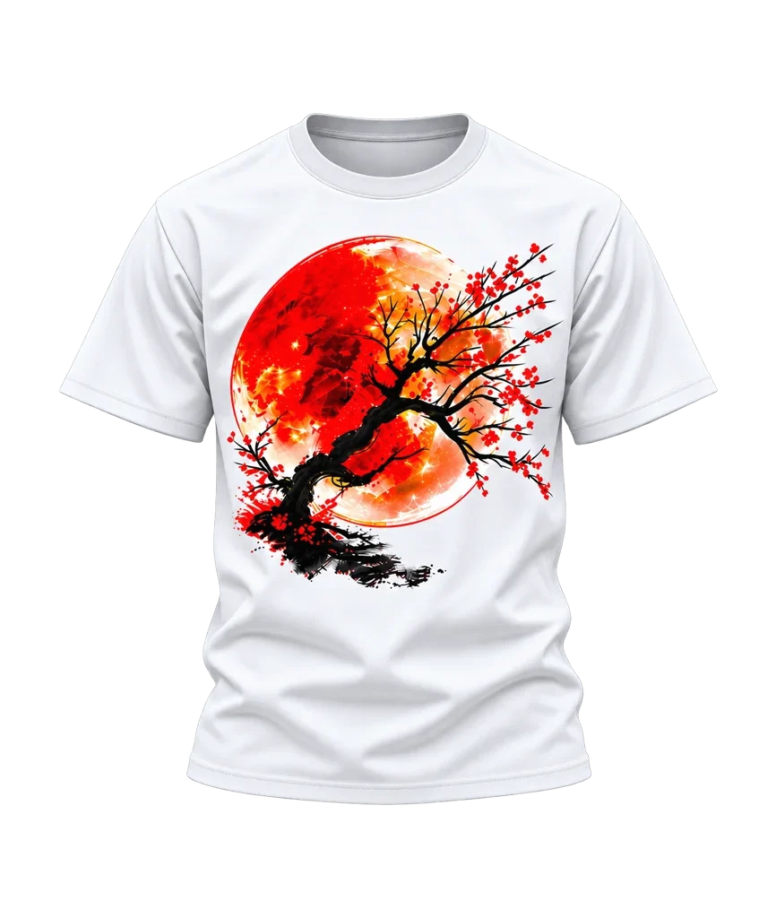 Anime Red Sun Cherry Blossom Bonsai White T-Shirt
