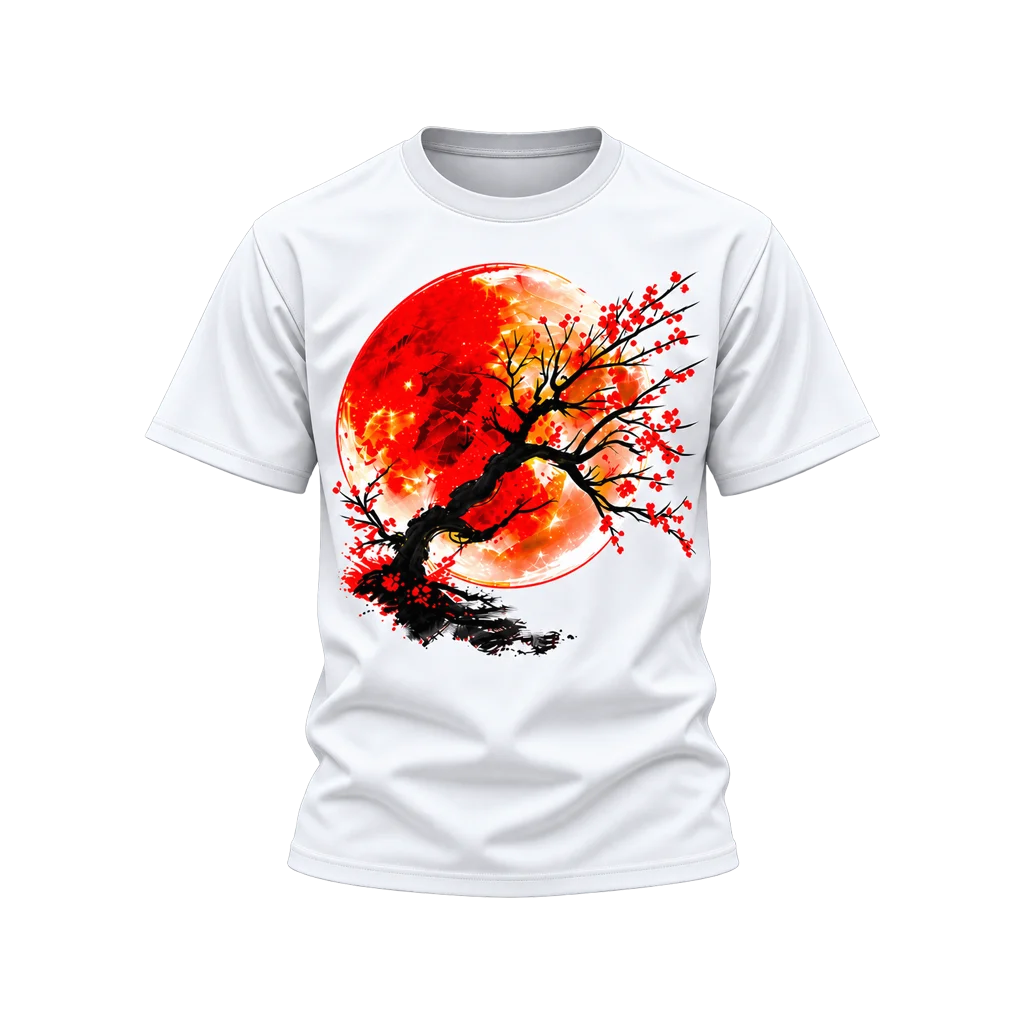 Anime Red Sun Cherry Blossom Bonsai White T-Shirt