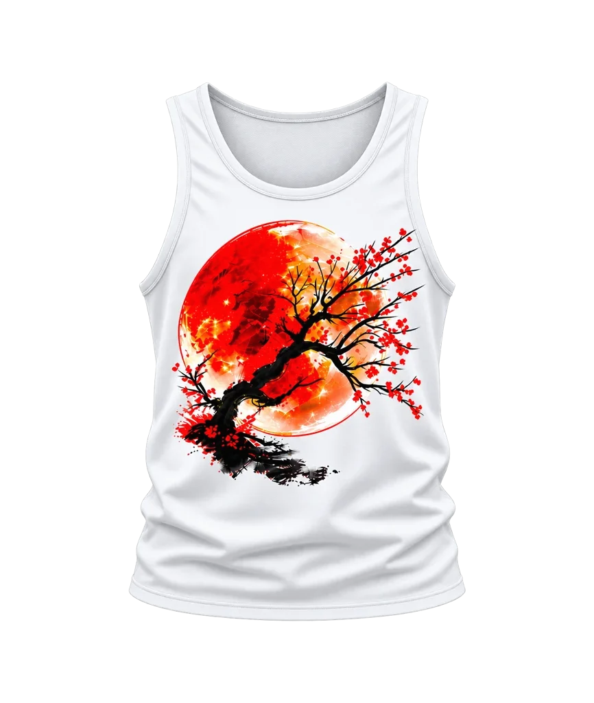 Anime Red Sun Cherry Blossom Bonsai White Tank Top