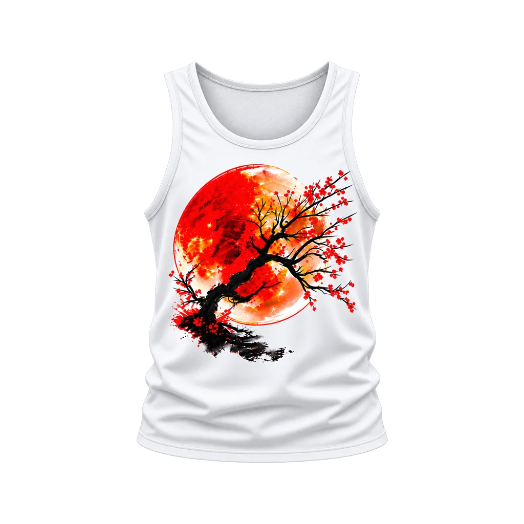 Anime Red Sun Cherry Blossom Bonsai White Tank Top