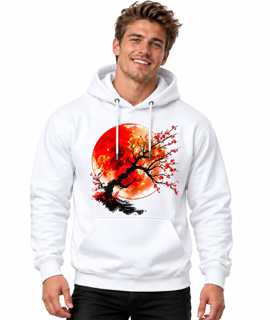 Anime Red Sun Cherry Blossom Bonsai White Hoodie