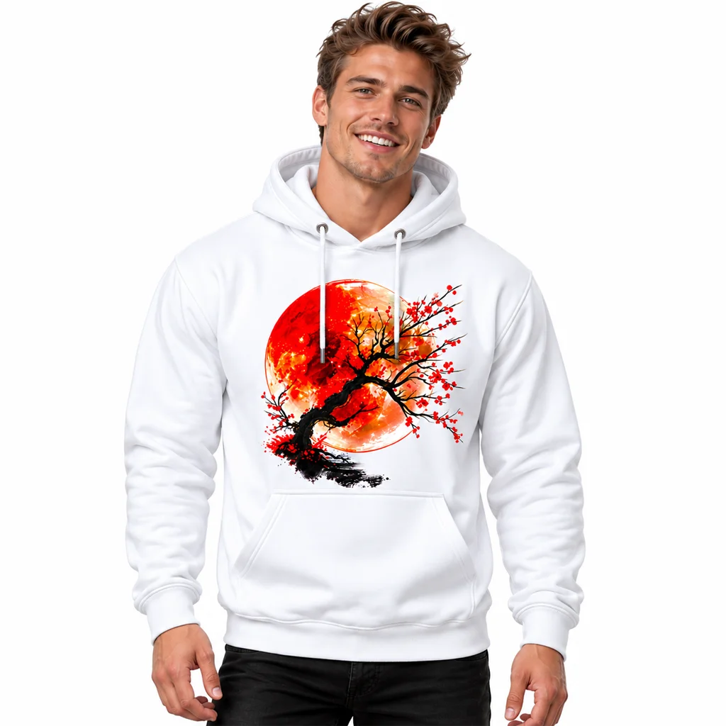 Anime Red Sun Cherry Blossom Bonsai White Hoodie