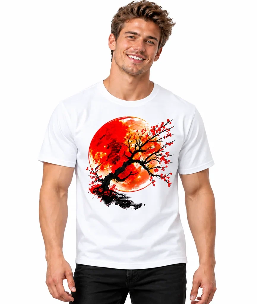 Anime Red Sun Cherry Blossom Bonsai White T-Shirt