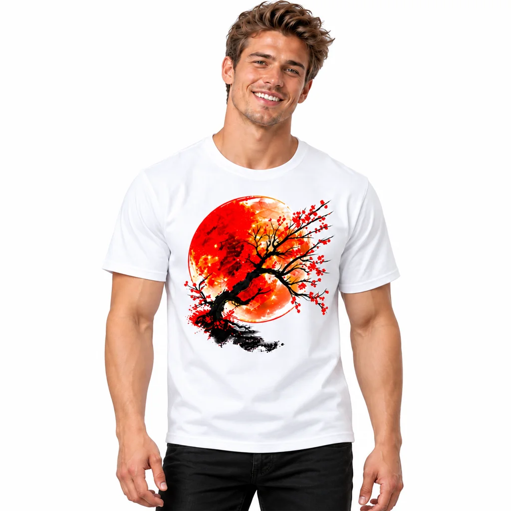 Anime Red Sun Cherry Blossom Bonsai White T-Shirt