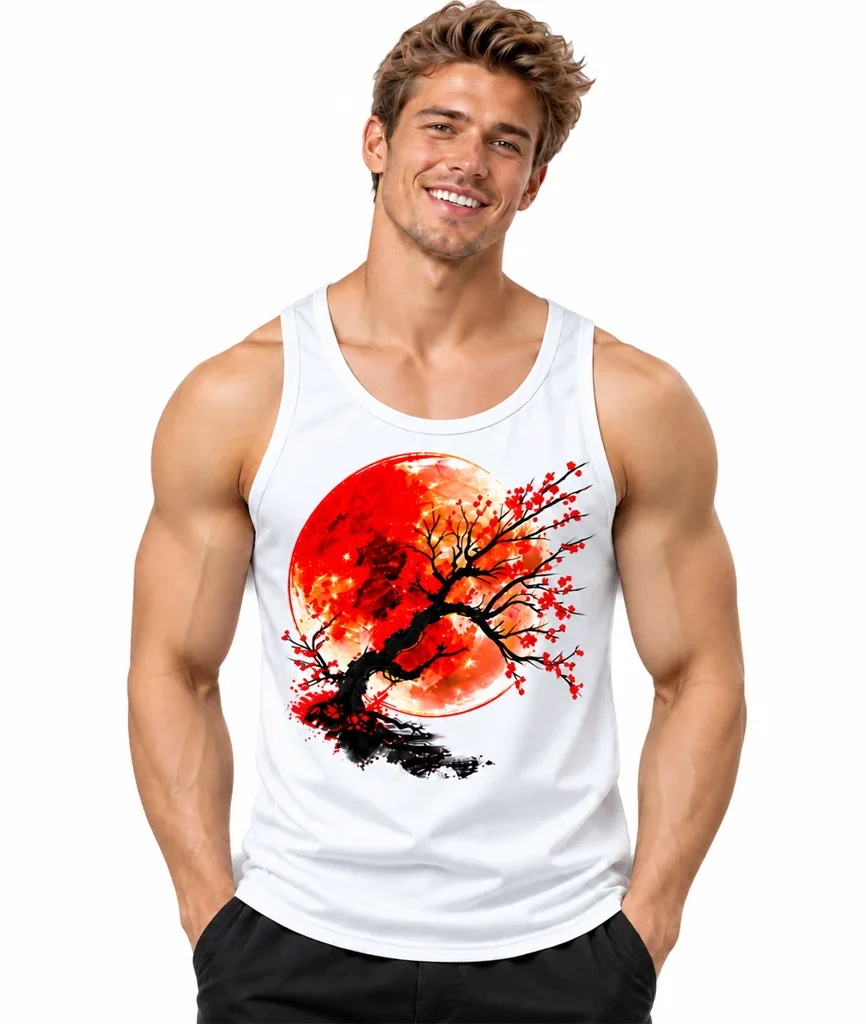 Anime Red Sun Cherry Blossom Bonsai White Tank Top