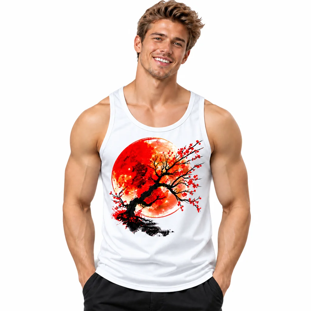 Anime Red Sun Cherry Blossom Bonsai White Tank Top