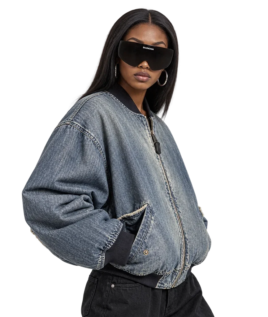 Balenciaga Women’s Distressed Denim Bomber Jacket