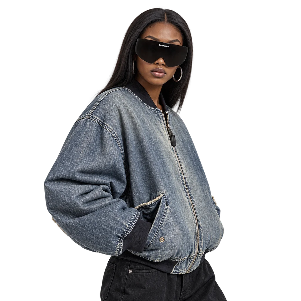 Balenciaga Women’s Distressed Denim Bomber Jacket