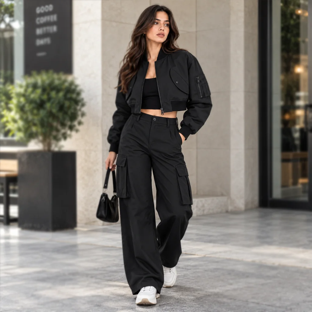 Balenciaga Women’s Cropped Bomber Jacket in Black