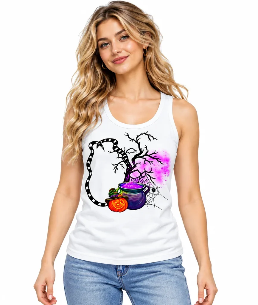 Beetlejuice Cauldron Pumpkin White Tank Top