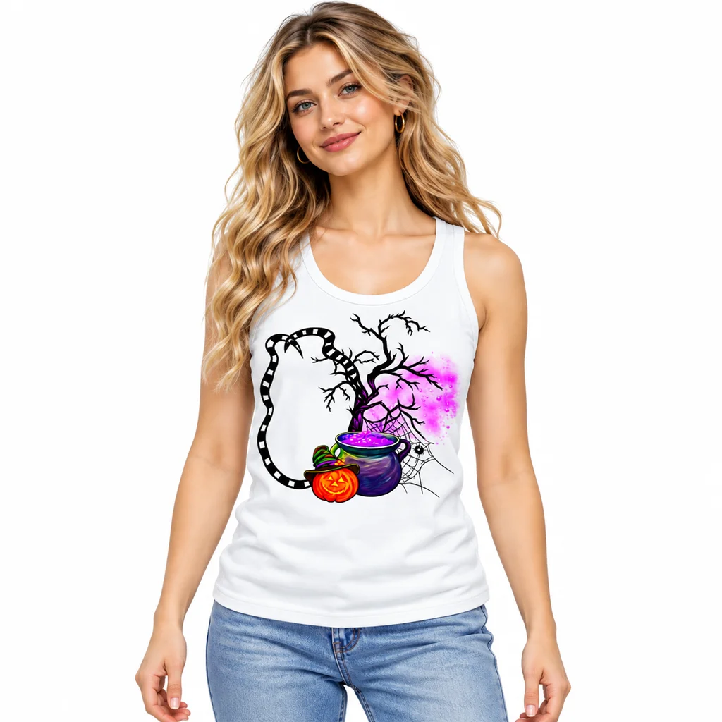 Beetlejuice Cauldron Pumpkin White Tank Top