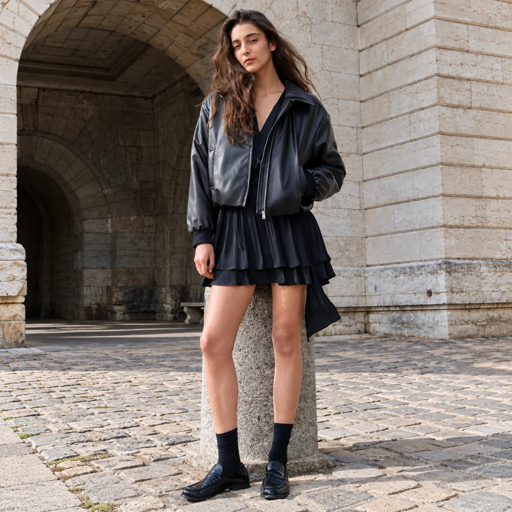 Women’s Genuine Cowhide Cropped Bomber Jacket