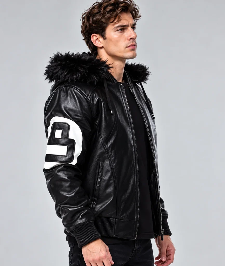 Men’s Black Hooded 8-Ball Bomber Jacket
