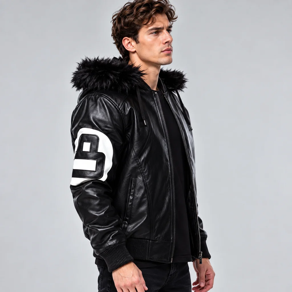 Men’s Black Hooded 8-Ball Bomber Jacket