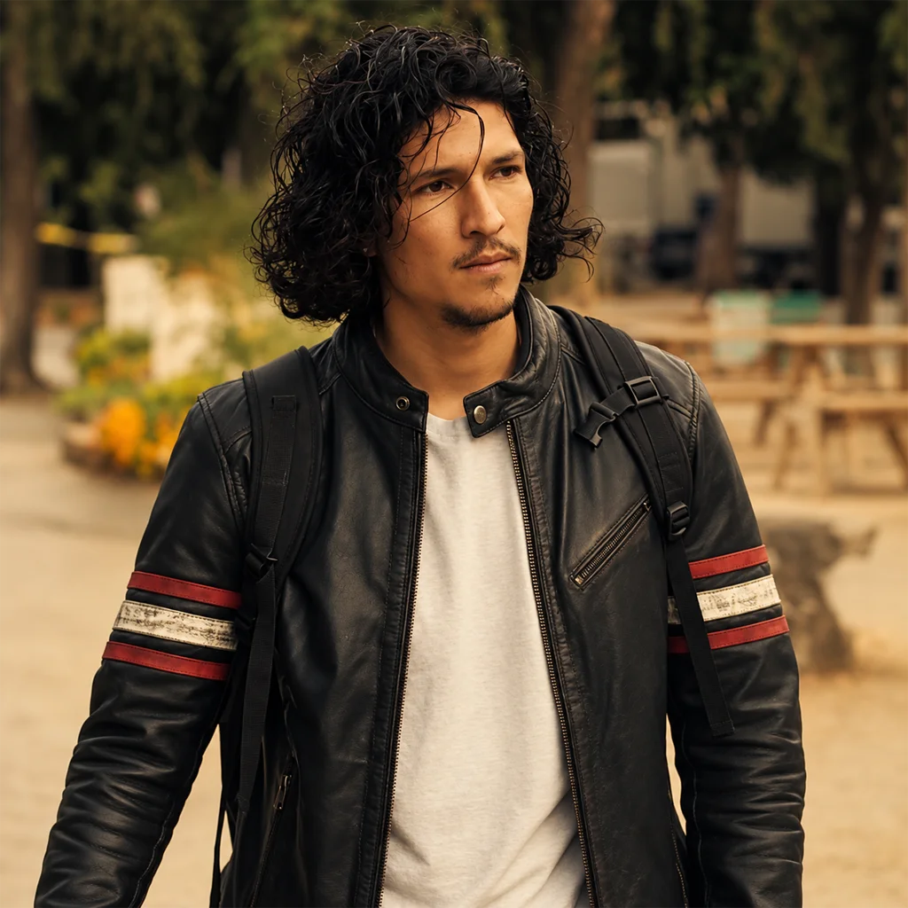Danny Ramirez Black Mirror Season 6 Striped Leather Moto Jacket
