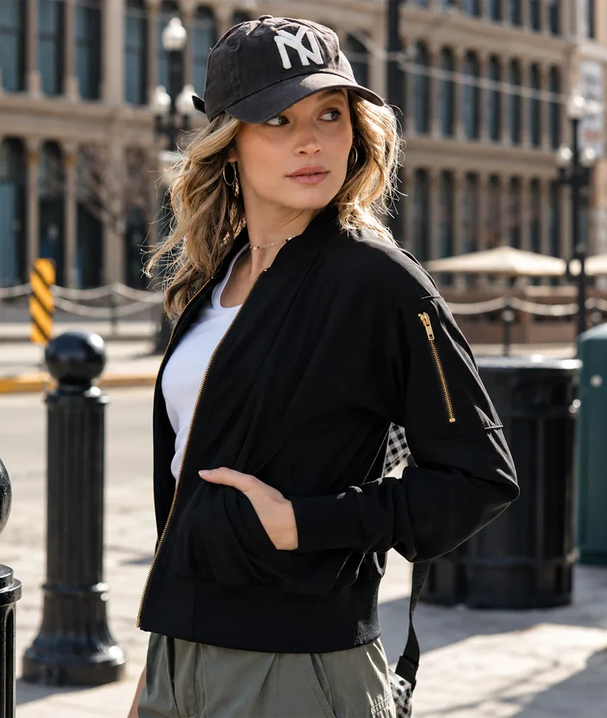 Women’s Black Lightweight Zip-Up Bomber Jacket