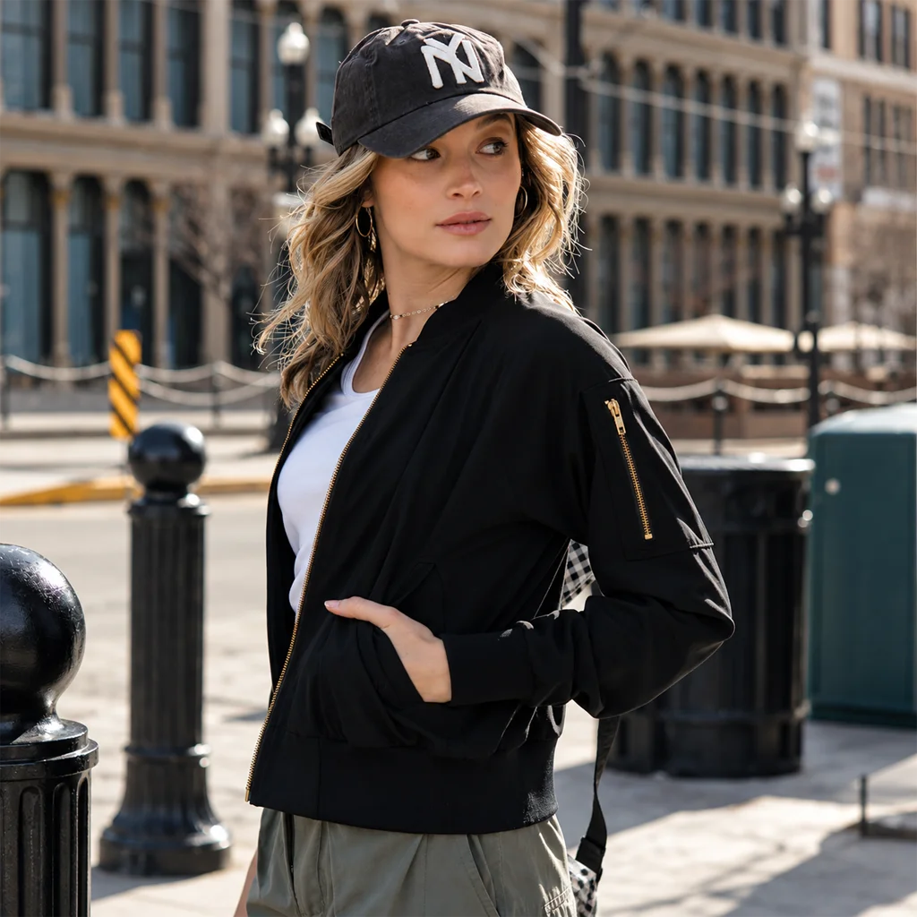 Women’s Black Lightweight Zip-Up Bomber Jacket