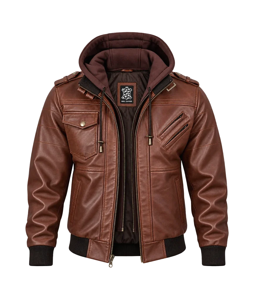 Edinburgh Men’s Leather Bomber Jacket with Removable Hood