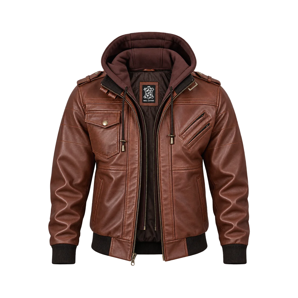 Edinburgh Men’s Leather Bomber Jacket with Removable Hood