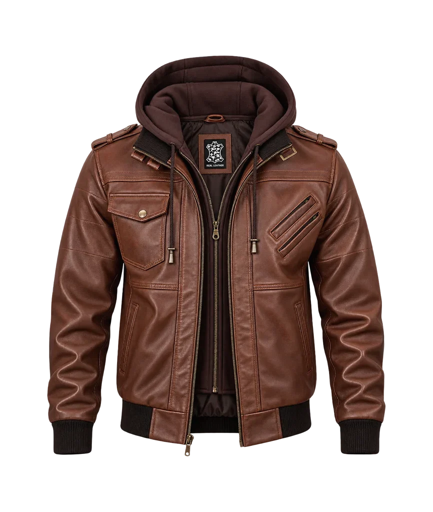 Edinburgh Men’s Leather Bomber Jacket with Removable Hood