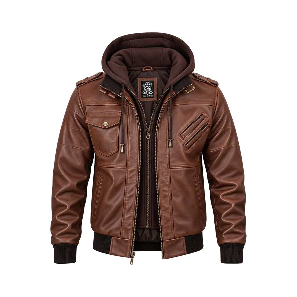 Edinburgh Men’s Leather Bomber Jacket with Removable Hood