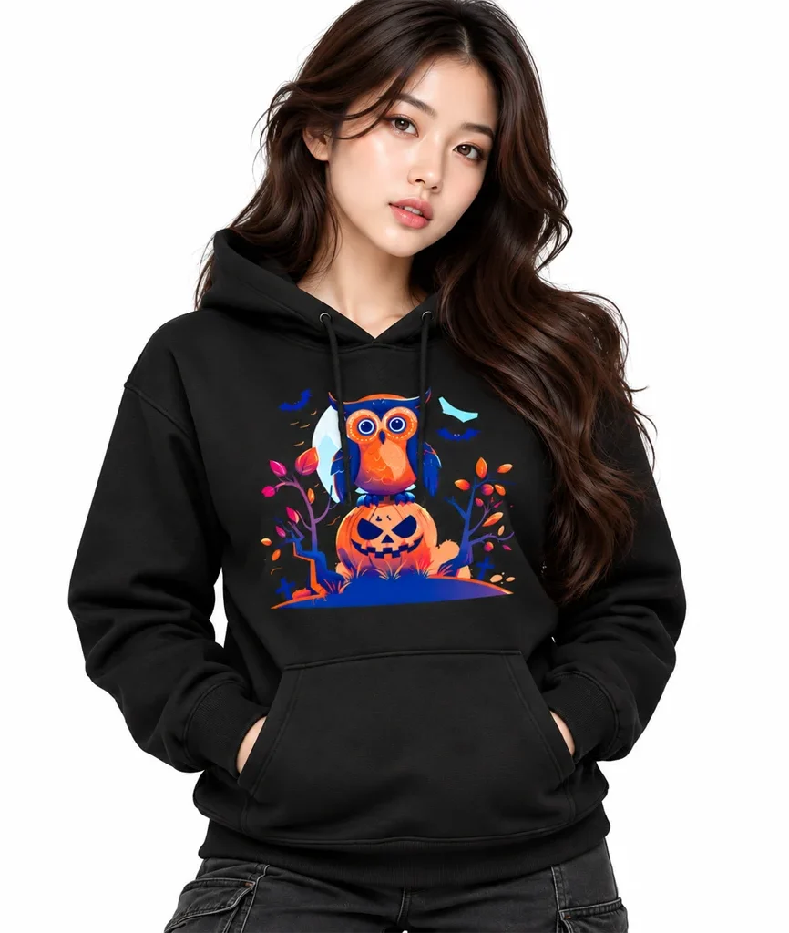 Halloween Owl Graphic Black Hoodie