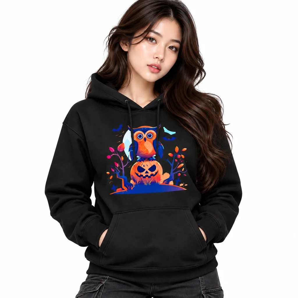 Halloween Owl Graphic Black Hoodie