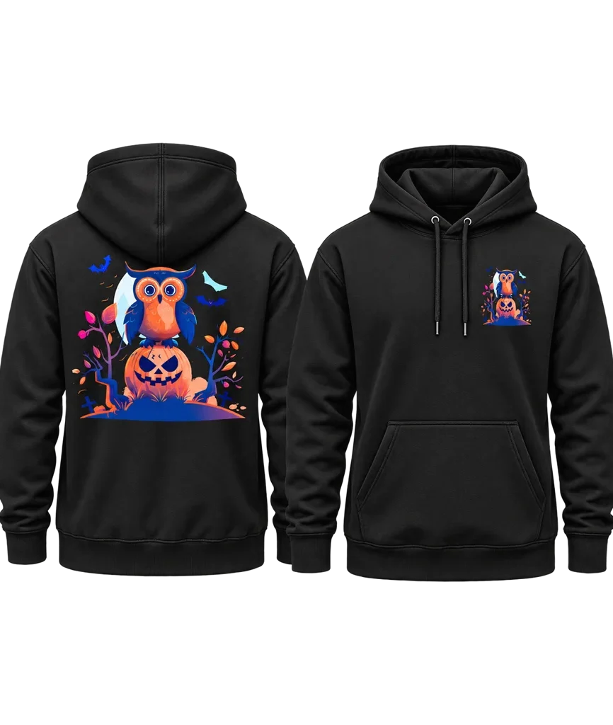 Halloween Owl Graphic Dual-Print Black Hoodie