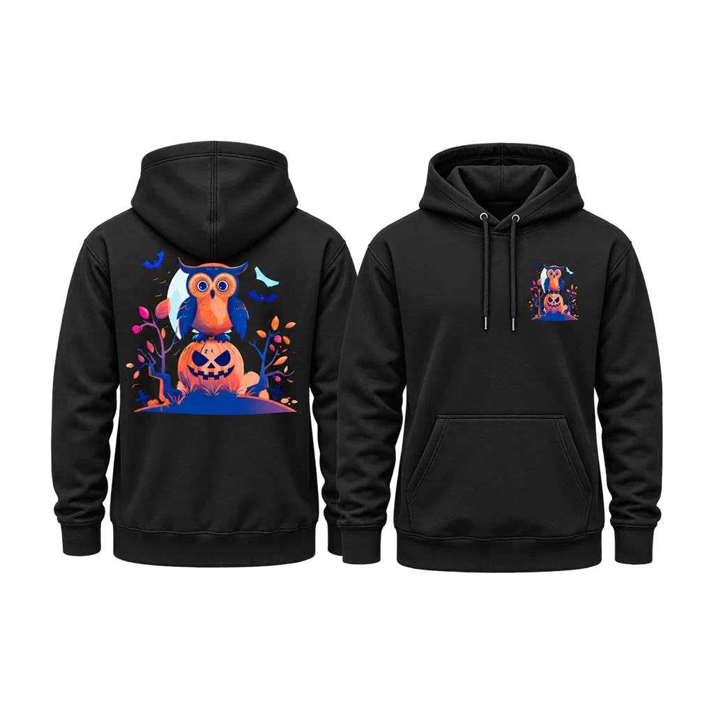 Halloween Owl Graphic Dual-Print Black Hoodie