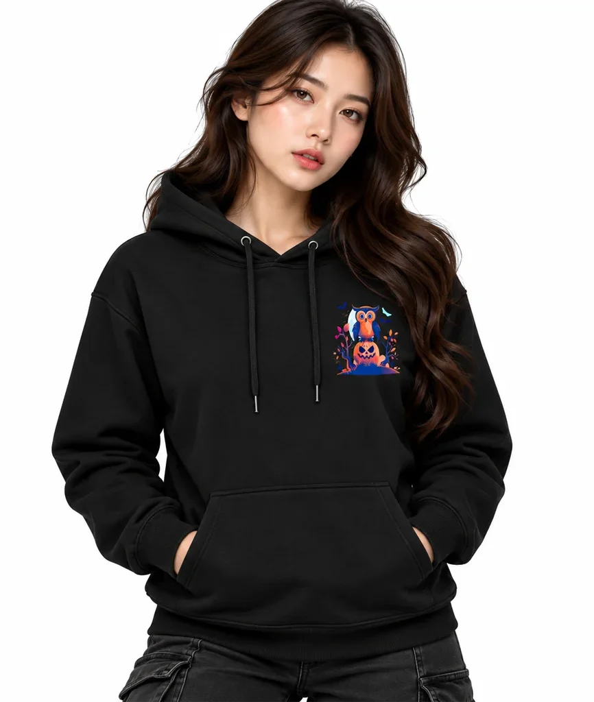 Halloween Owl Graphic Dual-Print Black Hoodie