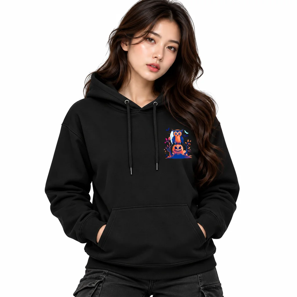 Halloween Owl Graphic Dual-Print Black Hoodie