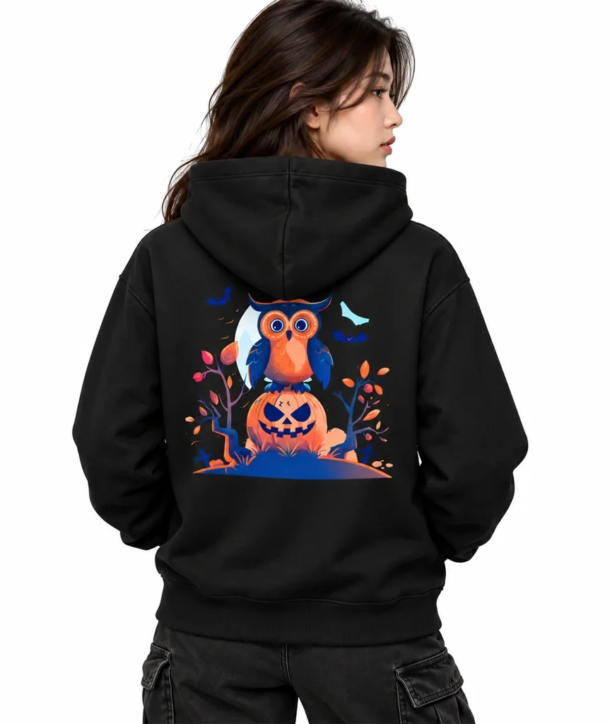 Halloween Owl Graphic Dual-Print Black Hoodie
