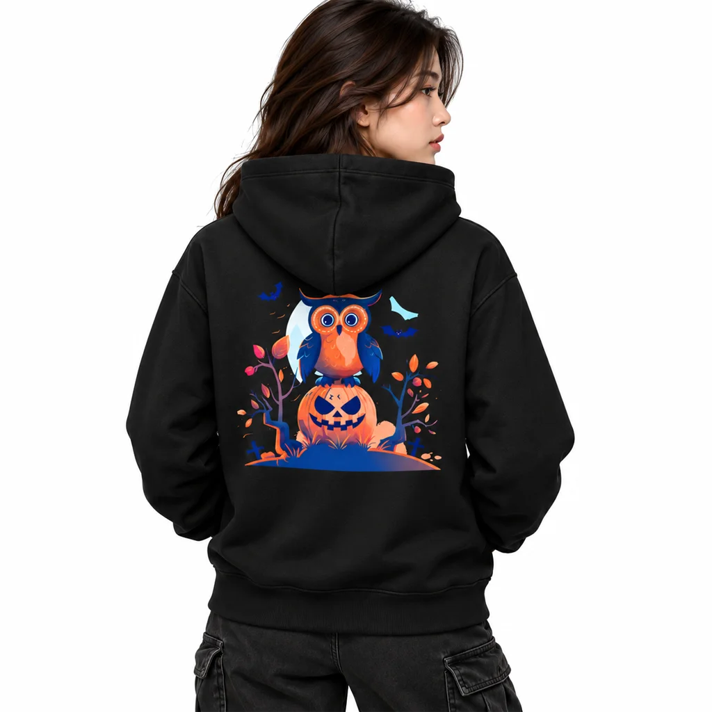 Halloween Owl Graphic Dual-Print Black Hoodie