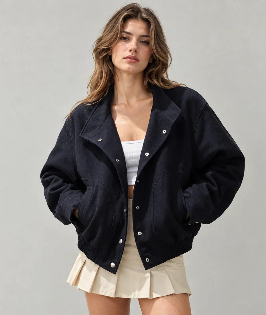Women’s Black Cotton Bomber Jacket with Removable Hood