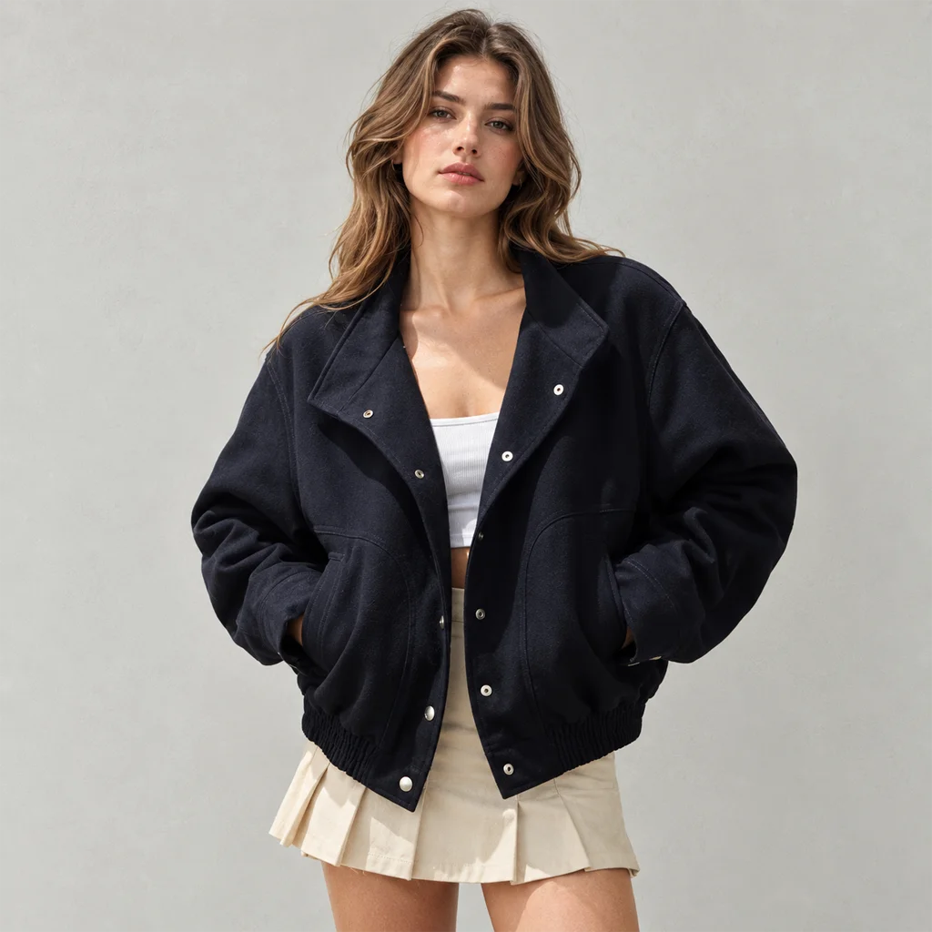 Women’s Black Cotton Bomber Jacket with Removable Hood