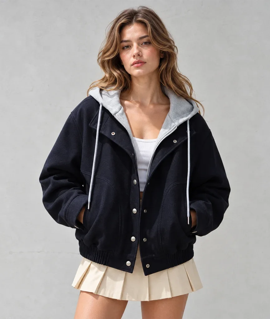 Women’s Black Cotton Bomber Jacket with Removable Hood