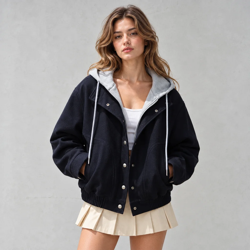 Women’s Black Cotton Bomber Jacket with Removable Hood