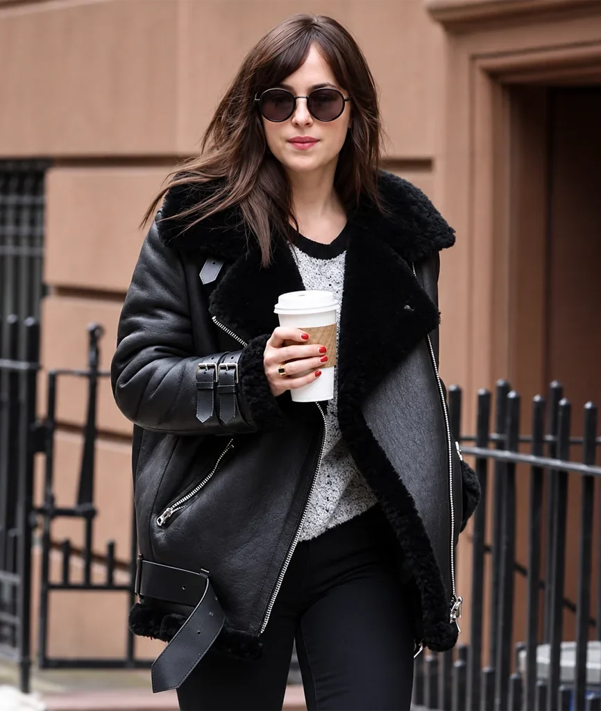 Dakota Johnson Black Shearling Aviator Jacket