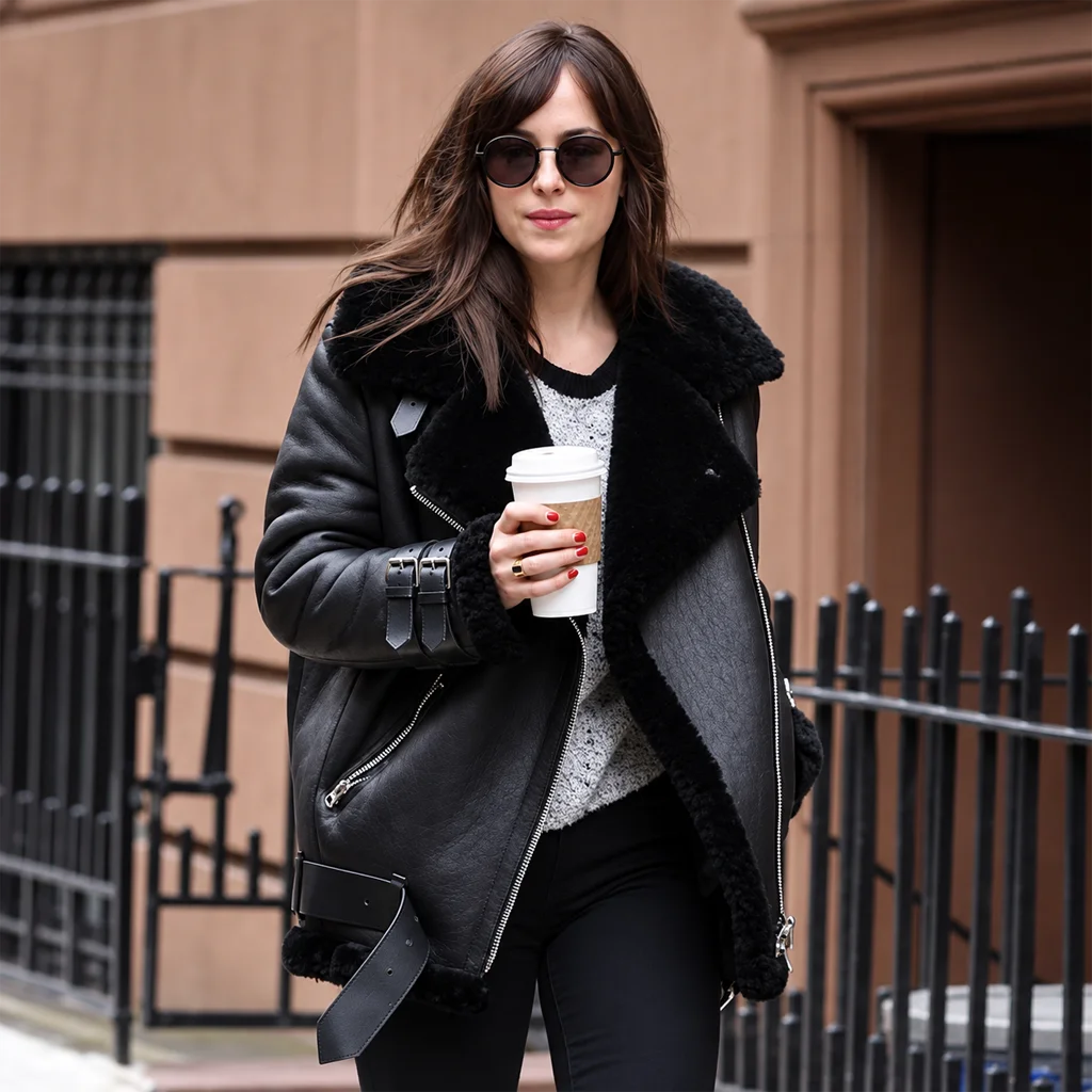 Dakota Johnson Black Shearling Aviator Jacket