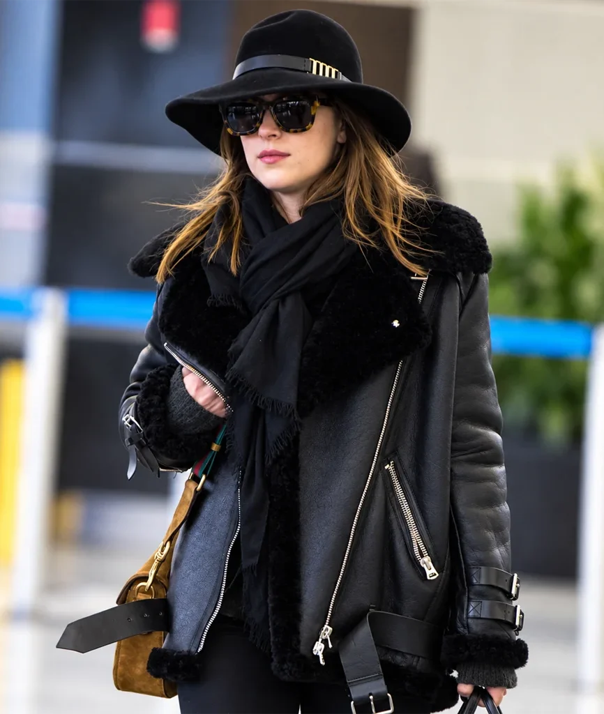 Dakota Johnson Black Shearling Aviator Jacket