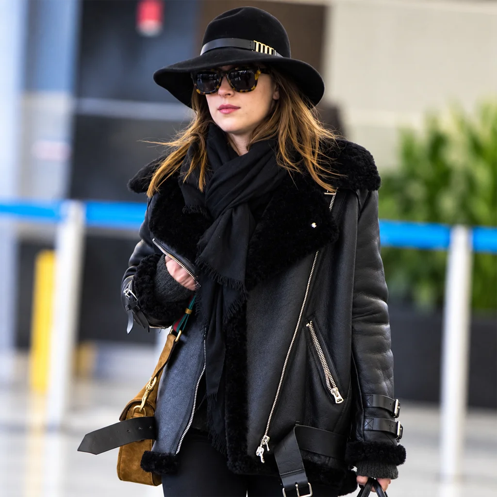 Dakota Johnson Black Shearling Aviator Jacket