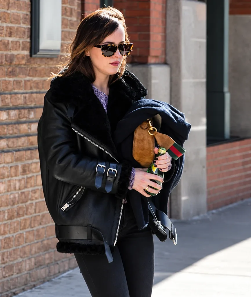 Dakota Johnson Black Shearling Aviator Jacket