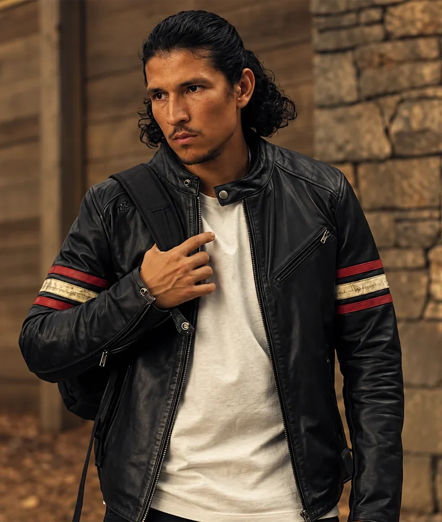 Danny Ramirez Black Mirror Season 6 Striped Leather Moto Jacket